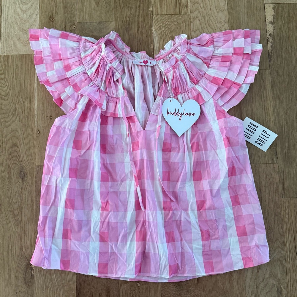 NWT Buddy Love Pink Checkered Top With Ruffled Sleeves